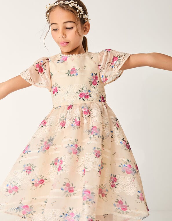 Tayla Floral Print Broderie Dress, Multi (MULTI), large