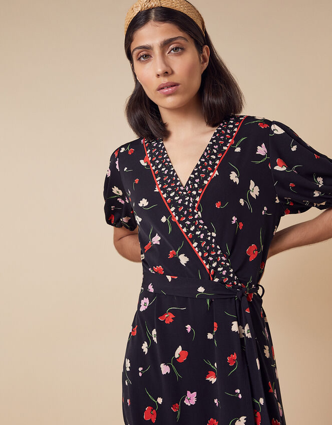 Floral Wrap Jersey Midi Dress, Black (BLACK), large