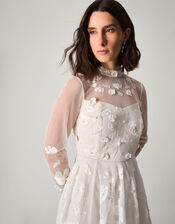 Lorelai Long Sleeve Floral Embellished Mesh Wedding Dress, Ivory (IVORY), large