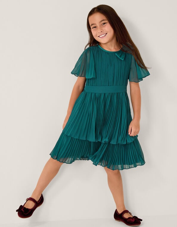 Alicia Pleated Tiered Dress, Teal (TEAL), large