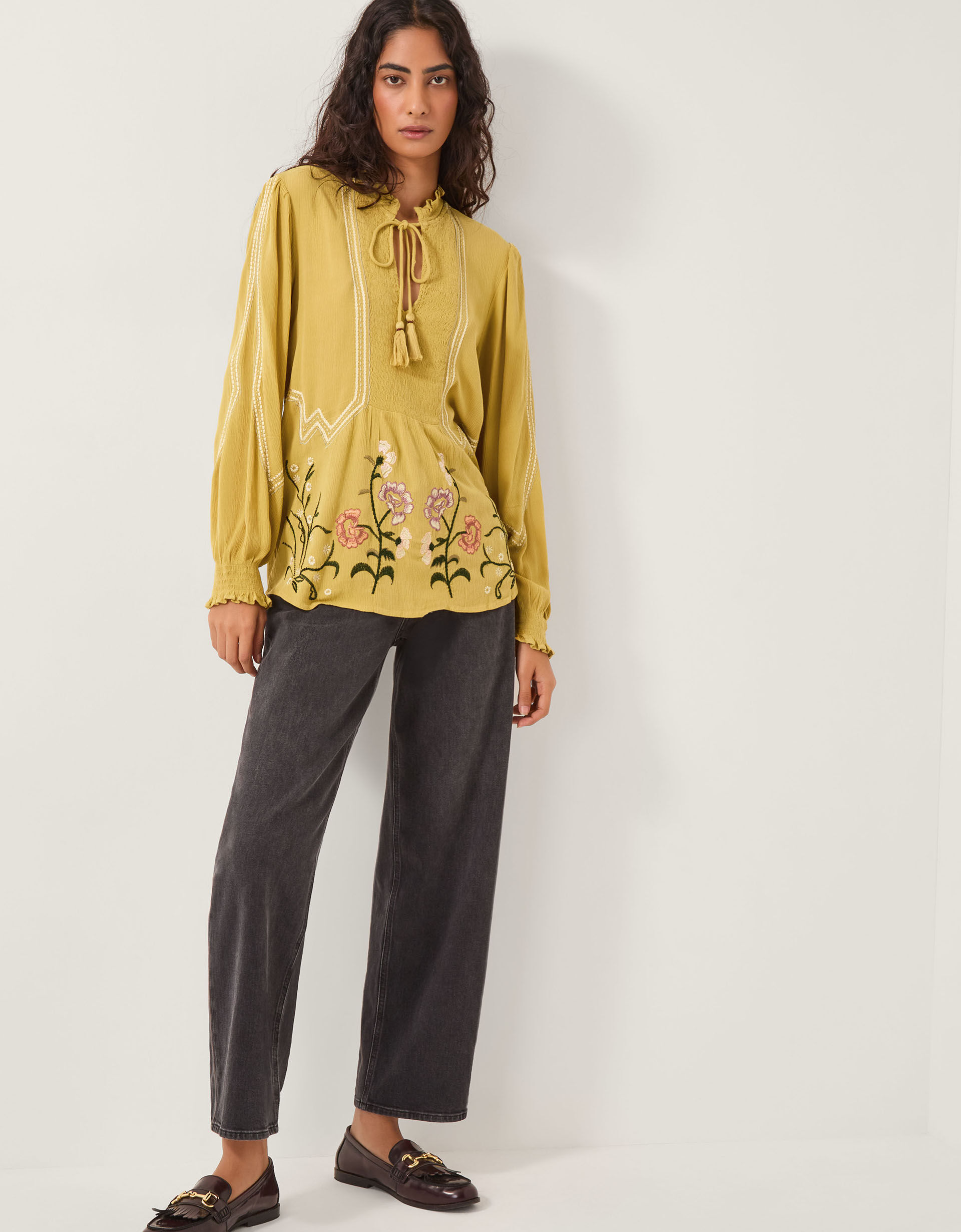 Heidi Floral Embroidered Tassel Blouse Green | Tops & T-shirts