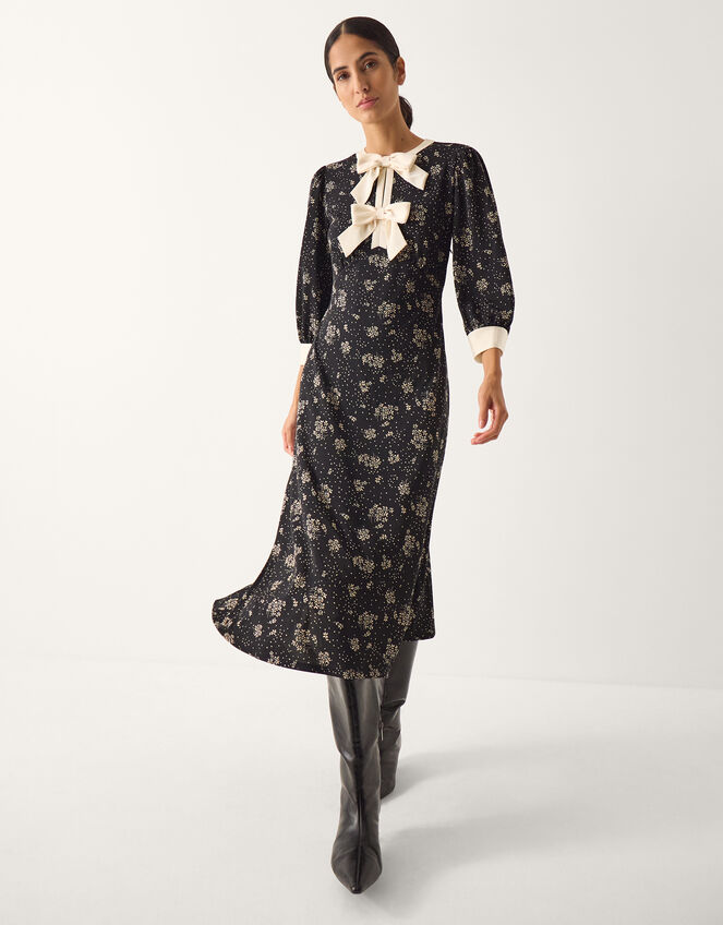 Dotty Bow Floral Jersey Midi Dress Black