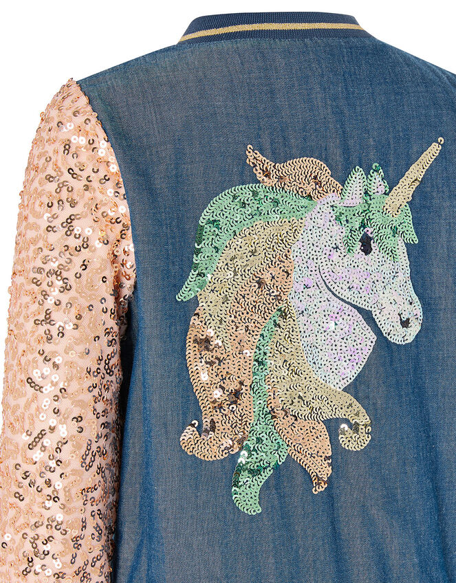 Sequin Unicorn Denim Bomber Jacket, Blue (BLUE), large