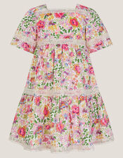 Floral Print Short Sleeve Tiered Dress, Ivory (IVORY), large