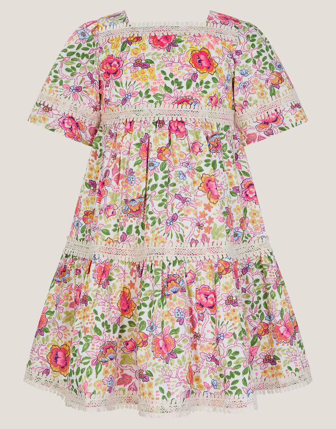 Floral Print Short Sleeve Tiered Dress, Ivory (IVORY), large