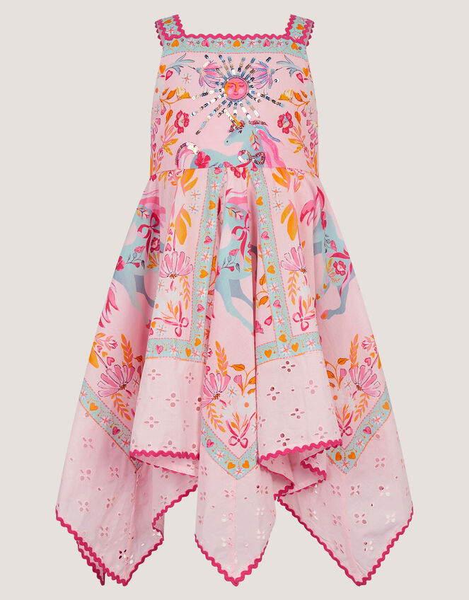 Unicorn Print Hanky Hem Dress, Pink (PINK), large