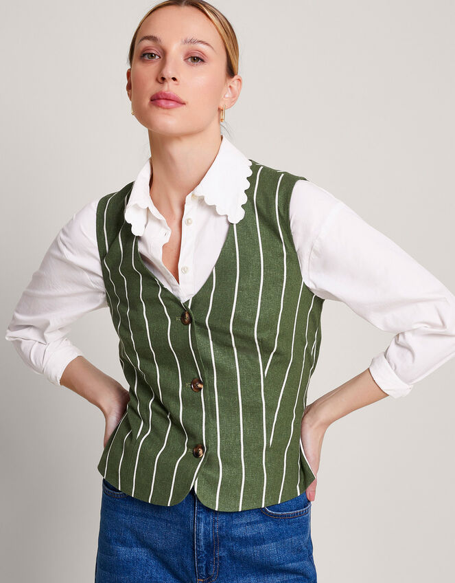 Susan Stripe Waistcoat, Green (KHAKI), large