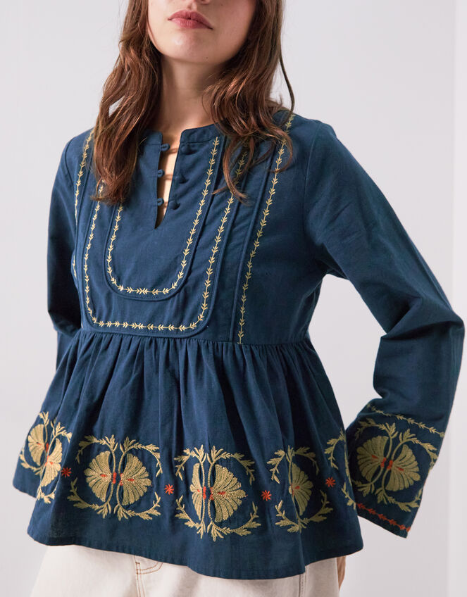 East Katie Embroidered Peplum Blouse, Teal (TEAL), large