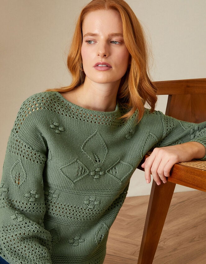 Stitch and Bobble Detailed Jumper in Recycled Cotton, Green (KHAKI), large