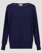 Bliss Bead Neck Jumper, Blue (NAVY), large