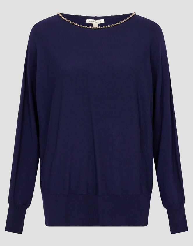 Bliss Bead Neck Jumper, Blue (NAVY), large