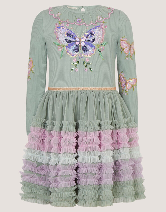 Sequin Butterfly Ruffle Disco Dress, Green (GREEN), large