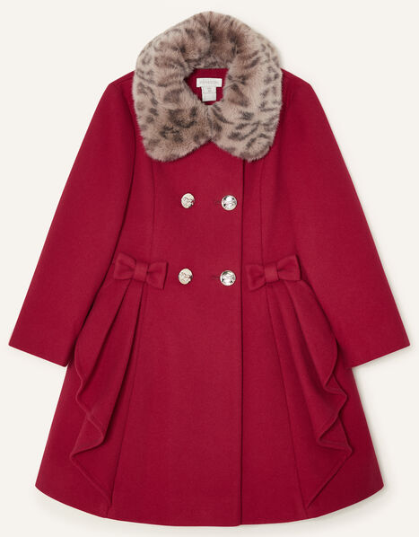 Detachable Leopard Collar Ruffle Coat Red, Red (RED), large