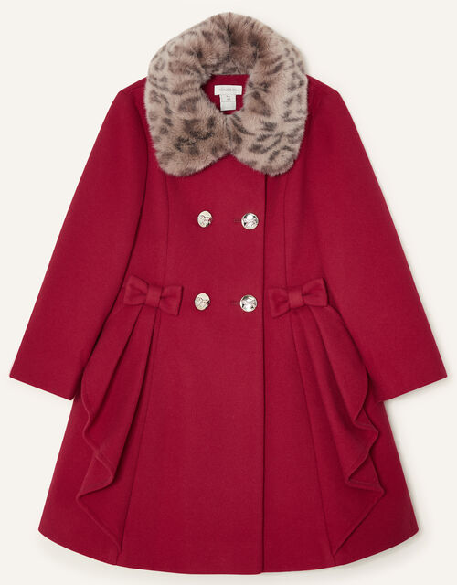 Detachable Leopard Collar Ruffle Coat, Red (RED), large