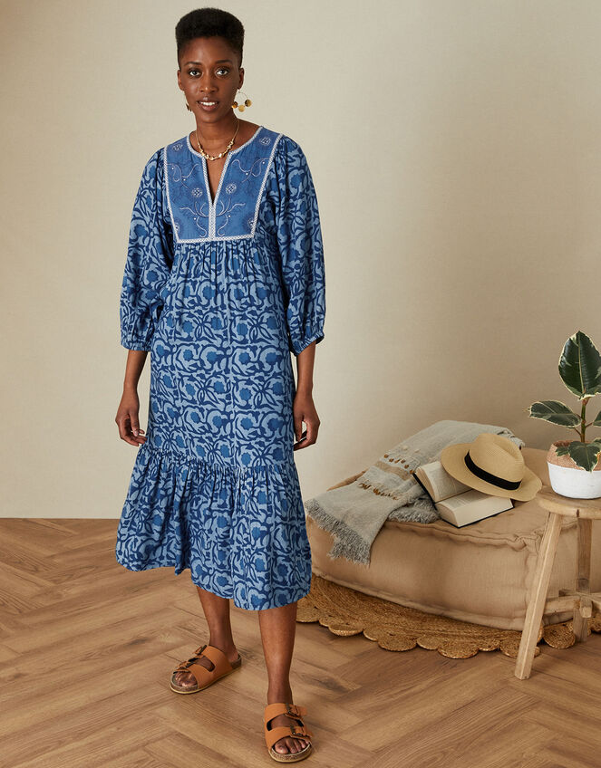 ARTISAN STUDIO Floral Batik Smock Dress , Blue (NAVY), large