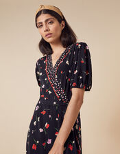 Floral Wrap Jersey Midi Dress, Black (BLACK), large