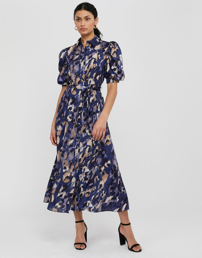 Libby Animal Print Satin Shirt Dress, Blue (BLUE), large