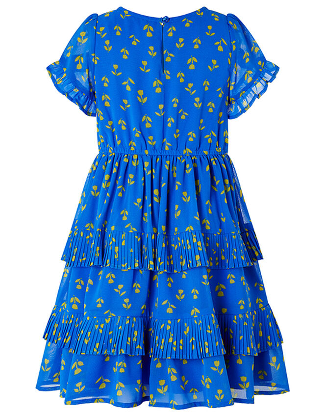 Aria Tulip Print Tiered Dress in Recycled Polyester, Blue (BLUE), large
