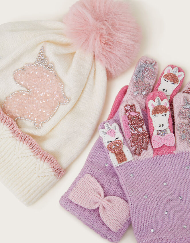 Sparkly Unicorn Beanie Hat and Gloves Set, Ivory (IVORY), large