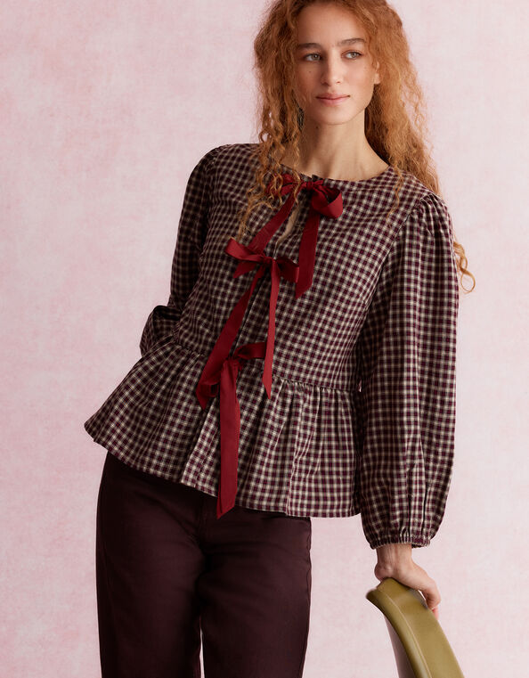 Agatha Check Tie Front Blouse, Red (CHERRY), large