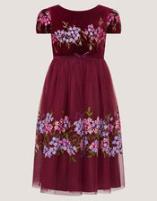 Ruby Floral Embroidered Velvet Party Dress, Red (BURGUNDY), large