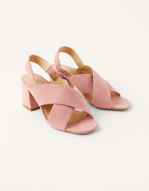 Suede Cross-Over Block Heel Sandals, Pink (BLUSH), large
