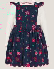 Baby Floral Top & Corduroy Pinafore Dress Set, Blue (NAVY), large