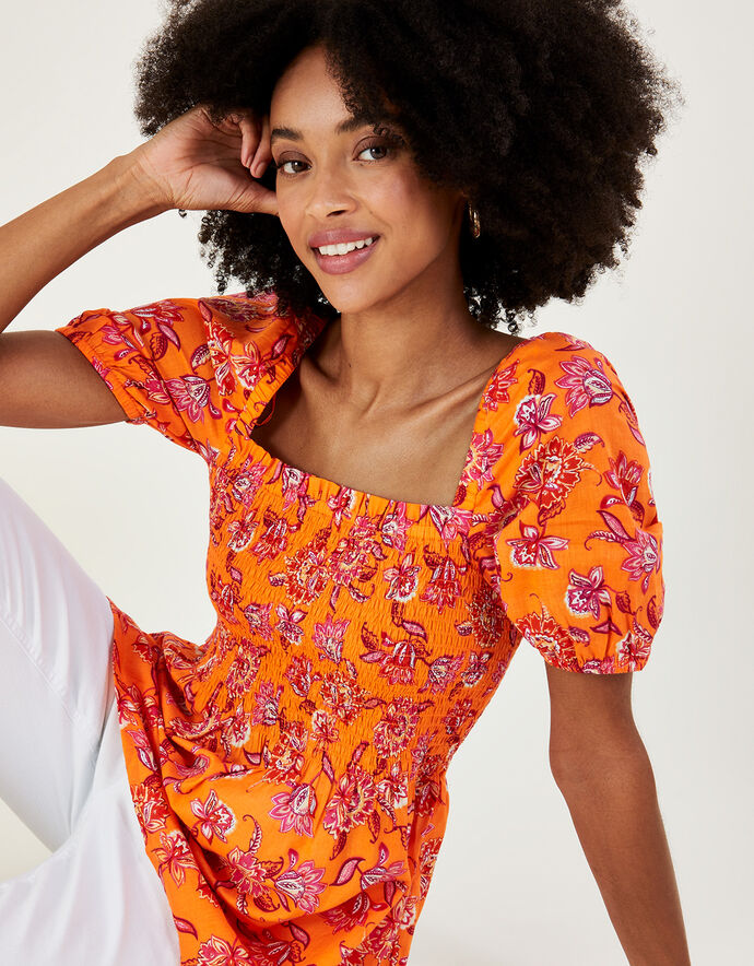 Floral Print Shirred Bodice Top in Sustainable Cotton Orange