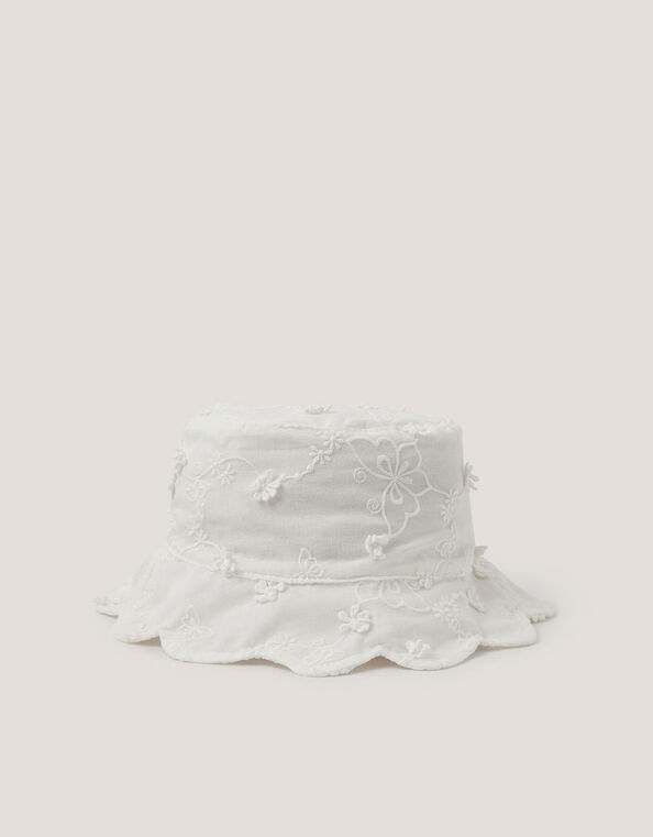 Baby Flower Embroidered Bucket Hat, Ivory (IVORY), large