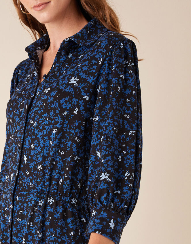 Ditsy Floral Short Jersey Shirt Dress, Black (BLACK), large