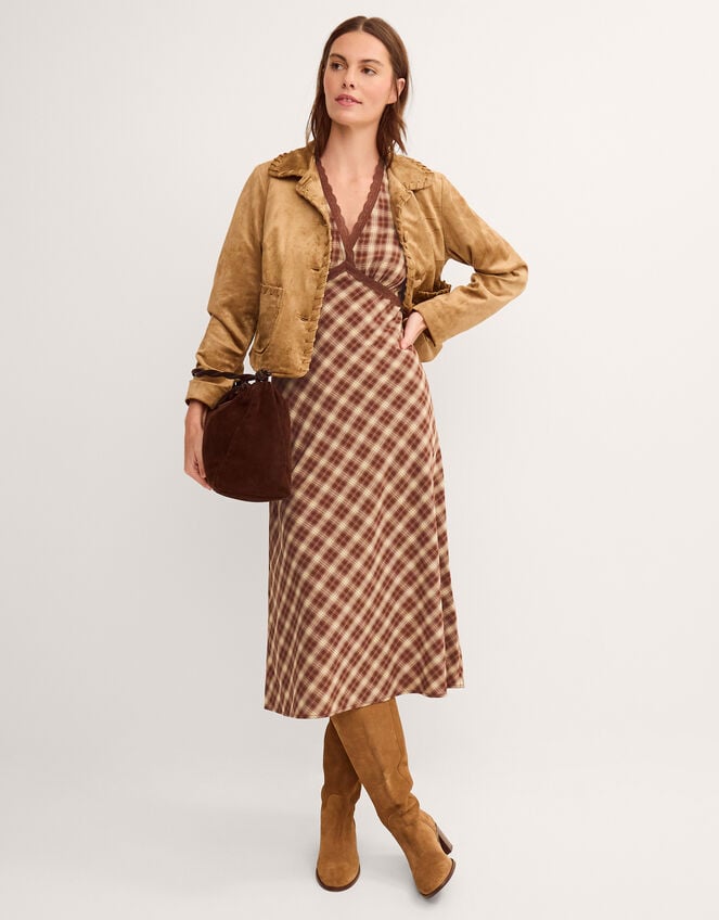 Frankie Check Print Midi Dress, Brown (BROWN), large