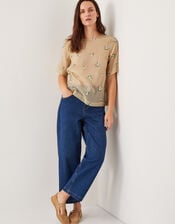 Sacha Short-Sleeve Embroidered Top, Gold (GOLD), large