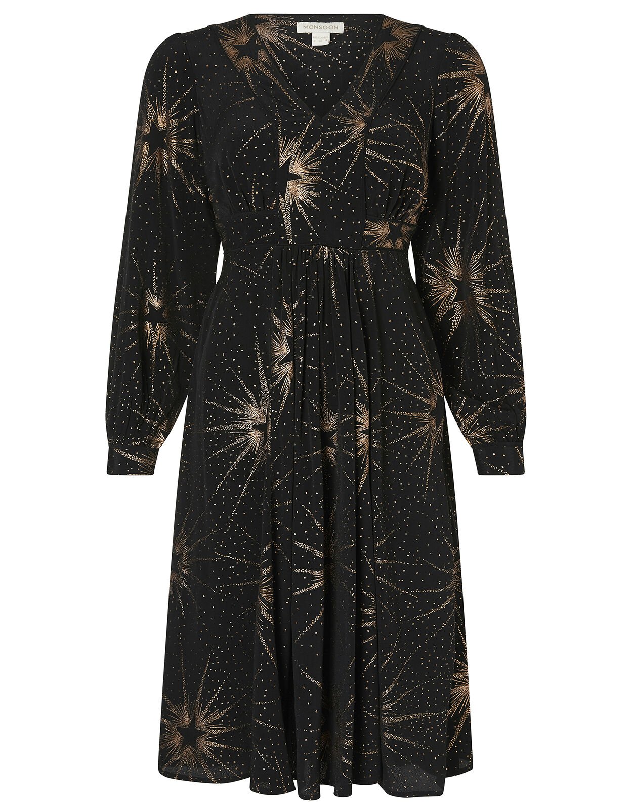 Star Foil Print Midi Dress Black