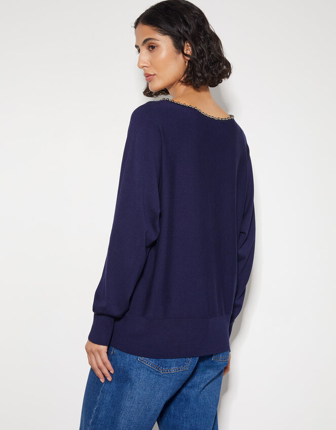 Bliss Bead Neck Jumper, Blue (NAVY), large