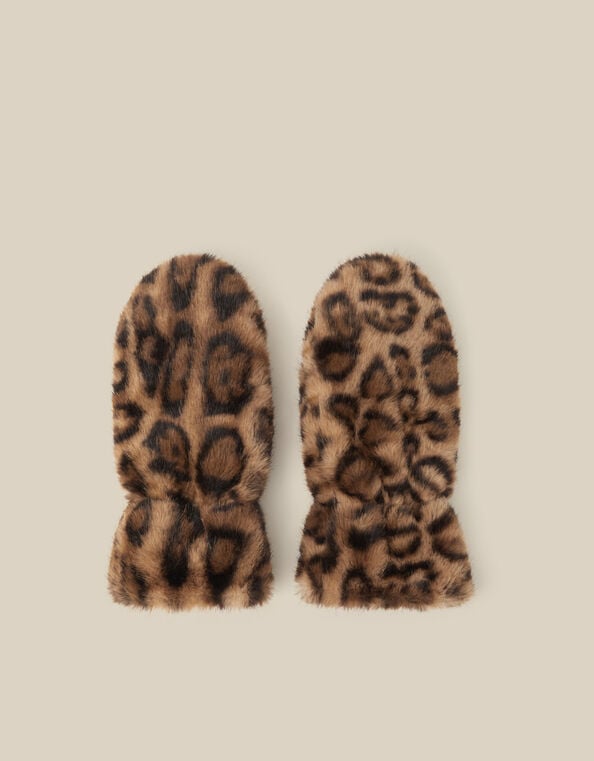 Niya Leopard Print Faux Fur Mittens, , large