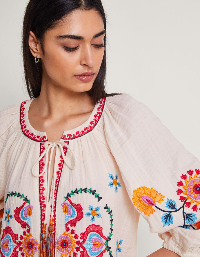Ivory Floral Embroidered Kaftan Shirt And Pants