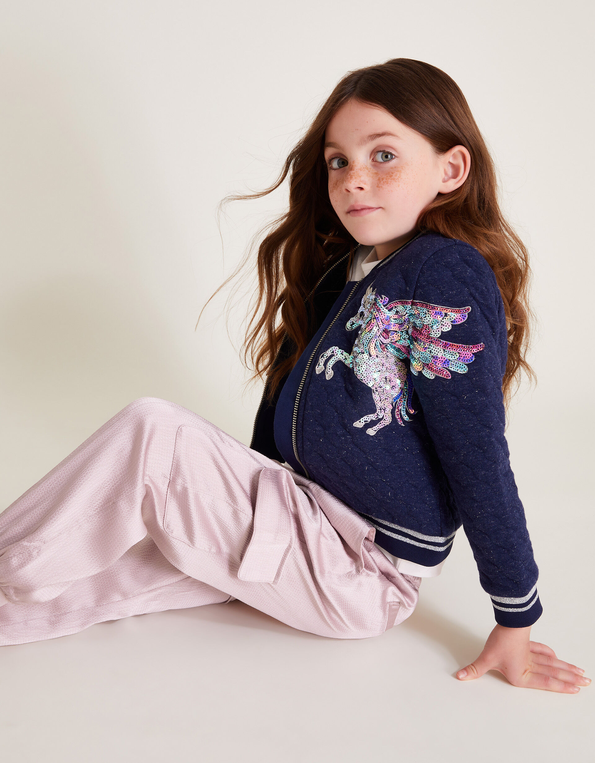Sequin Unicorn Quilted Bomber Jacket Blue Girls Coats Jackets Monsoon UK
