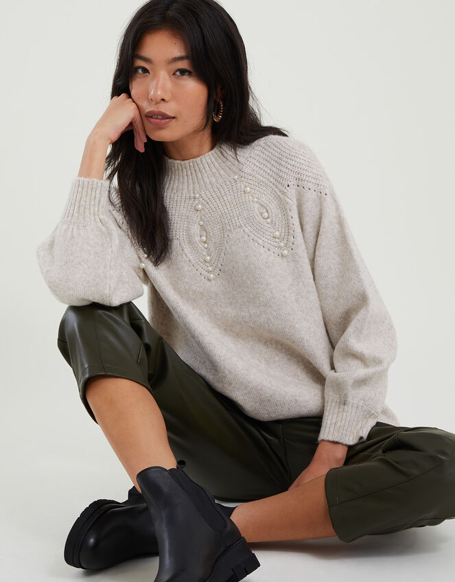 Pearl Stitch Jumper with Recycled Polyester, Ivory (IVORY), large