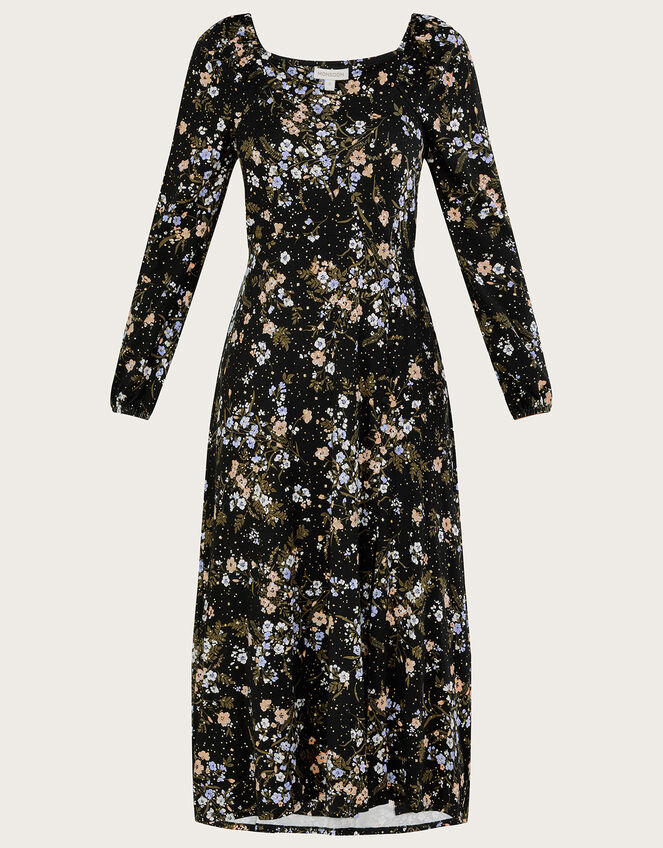 Floral Square Neck Split Jersey Dress, Black (BLACK), large