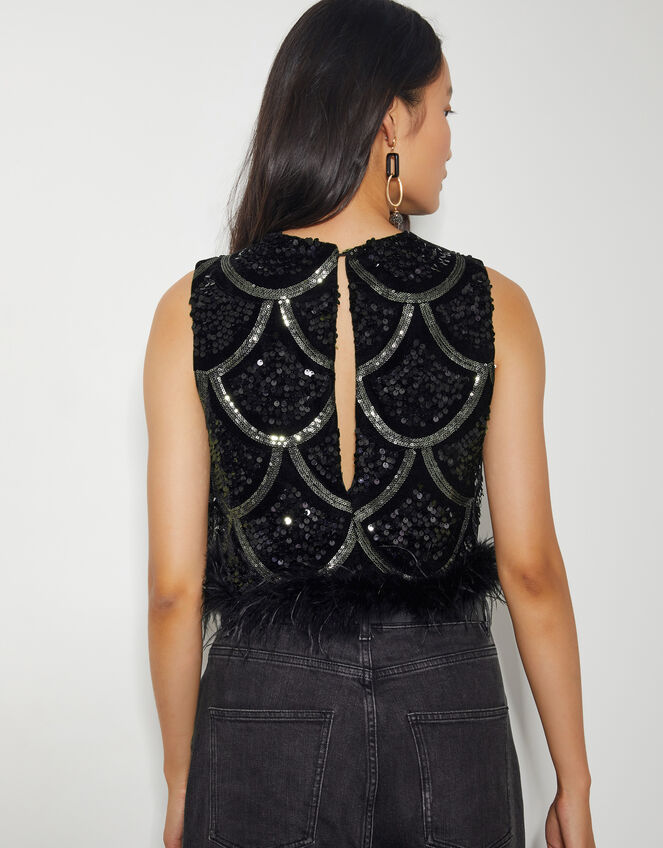 Sira Sleeveless Sequin Feather Top, Black (BLACK), large