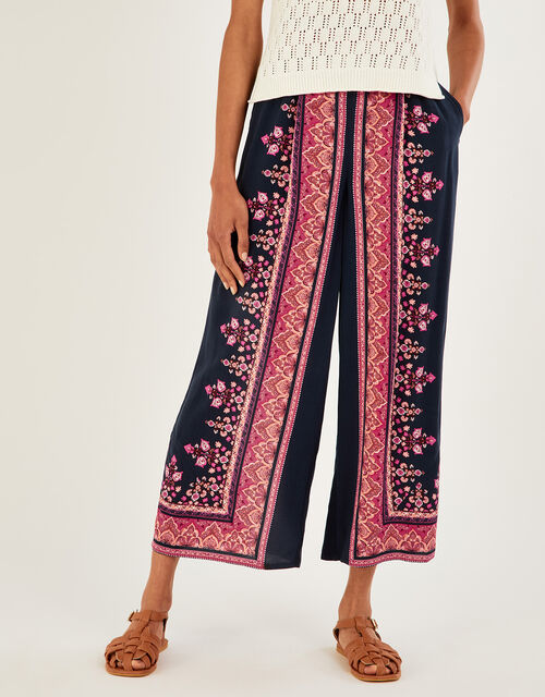 Placement Print Wide Leg Trousers, Blue (NAVY), large
