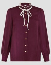 Thea Satin Bow Collar Blouse, Red (BURGUNDY), large