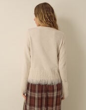Fina Fringe Crew Neck Cardigan, Ivory (IVORY), large