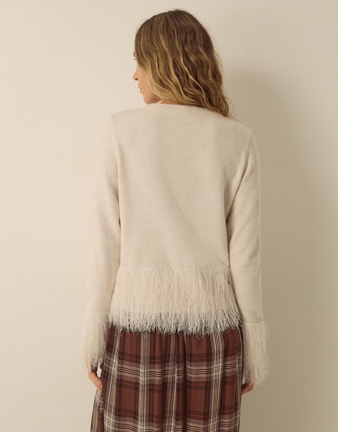 Fina Fringe Crew Neck Cardigan, Ivory (IVORY), large