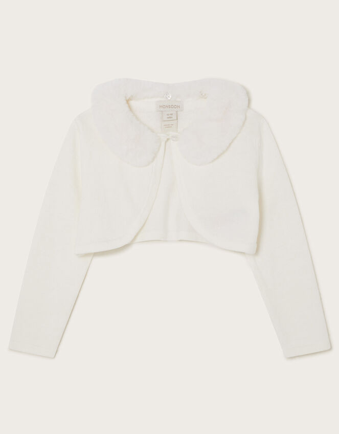 Super-Soft Faux Fur Collar Cardigan, Ivory (IVORY), large