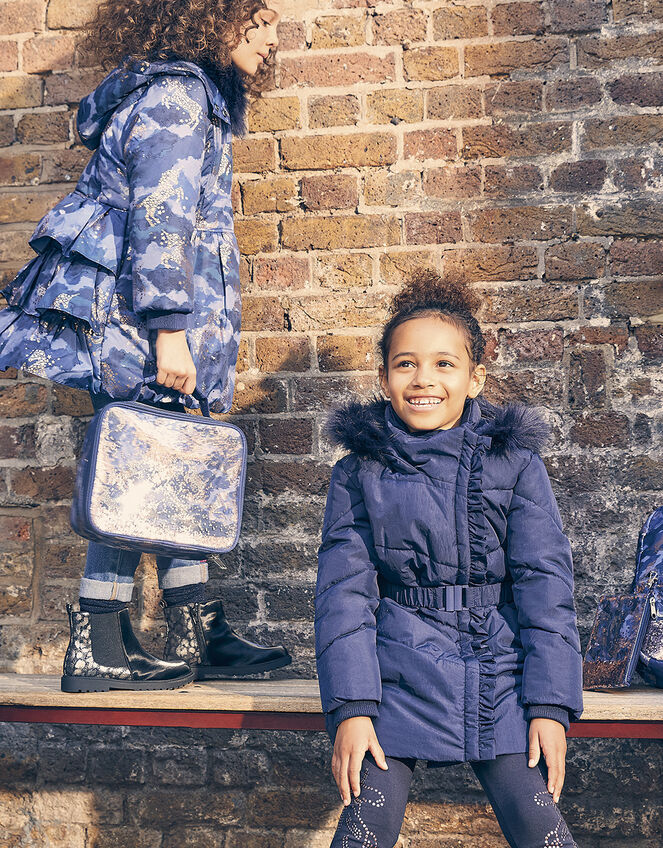 Ruffle Padded and Hooded Coat, Blue (NAVY), large