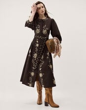 Eloise Floral Embroidered Midi Dress, Brown (CHOCOLATE), large