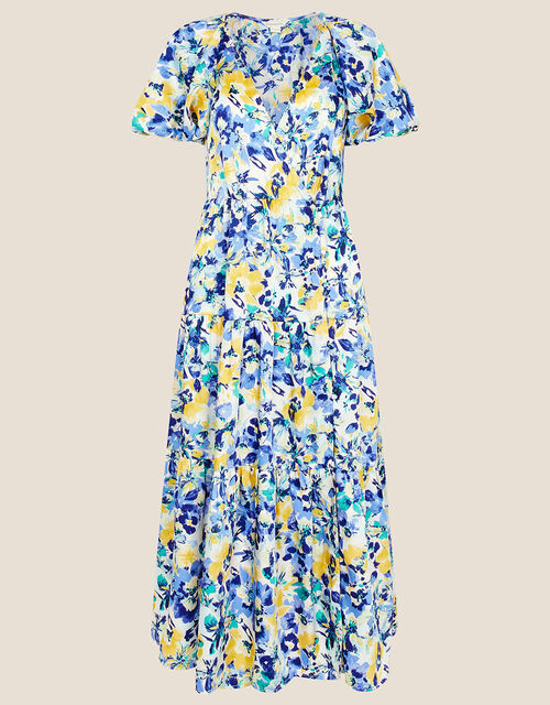Floral Tiered Wrap Dress in Recycled Polyester, Blue (BLUE), large
