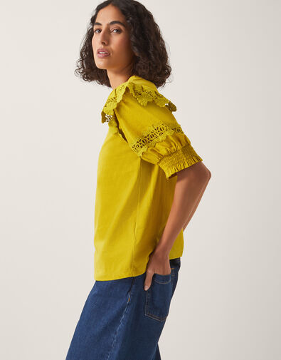 Fay Broderie Puff Sleeve Jersey Top, Yellow (YELLOW), large