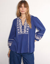 East Circe Paisley Embroidered Blouse, Blue (NAVY), large